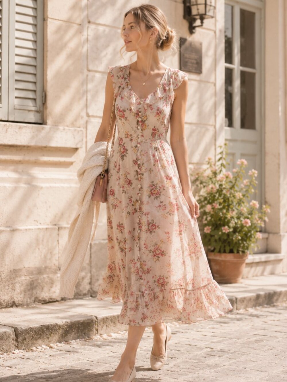 Vintage Contempo Floral Ruffle Button-Front Midi Dress Size S